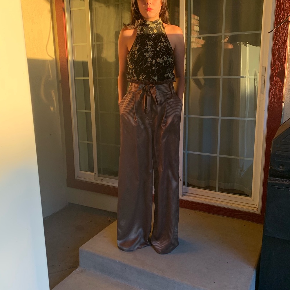 LULUS METALLIC OLIVE GREEN STRIPED DRESS PANTS